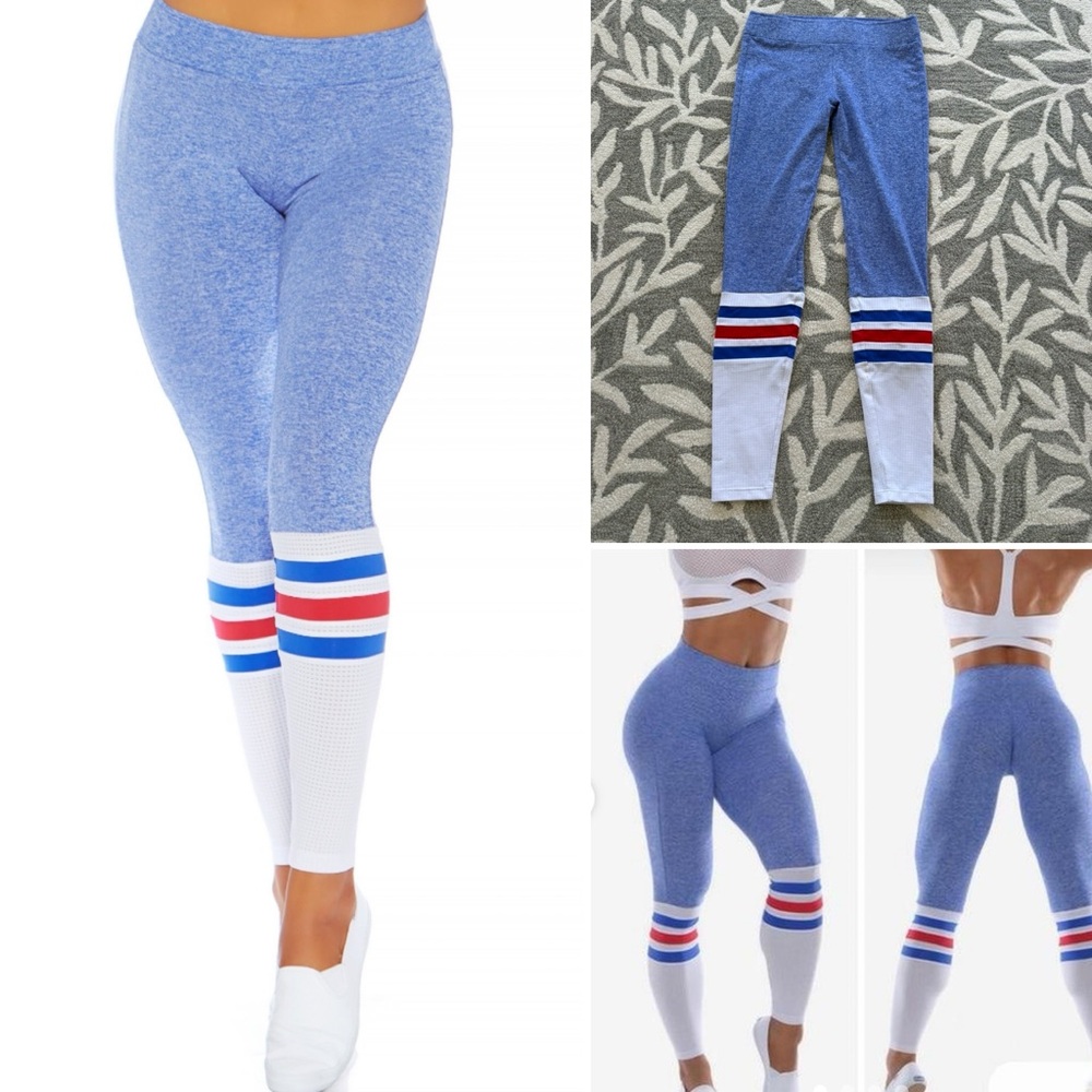 Bombshell Sportswear Blue Heathered Leggings with Red, White & Blue Stripes
